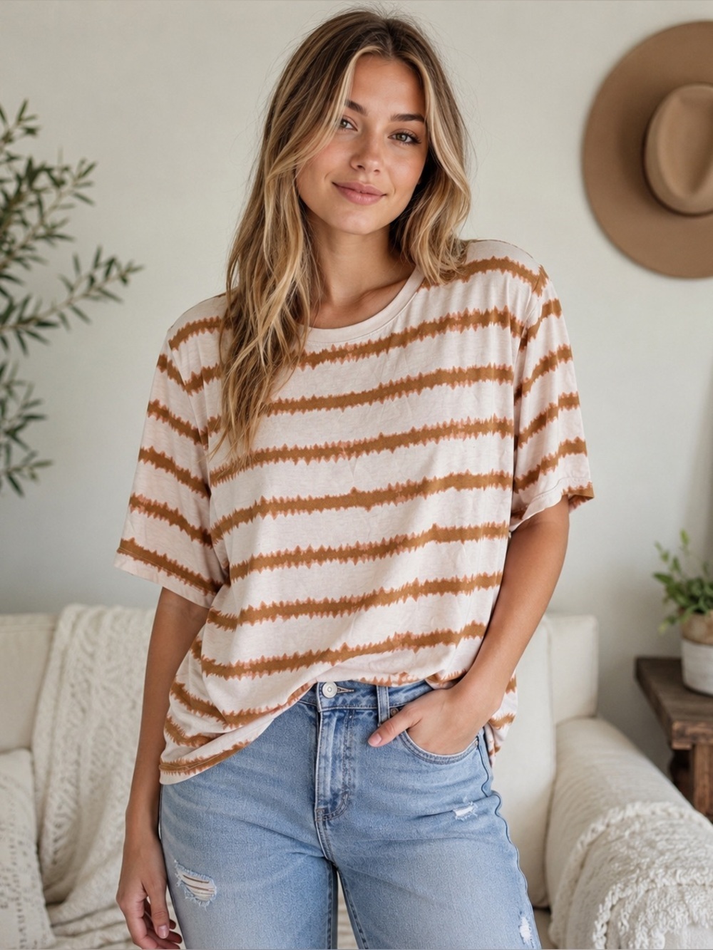 Nine West Soft Spun Striped Tee XL Pink Brown Rayon Stretch Casual Top
